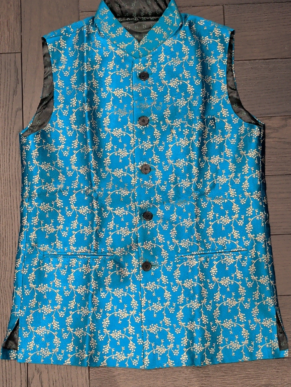 Teal Floral Brocade Nehru Vest - Picture 6 of 8